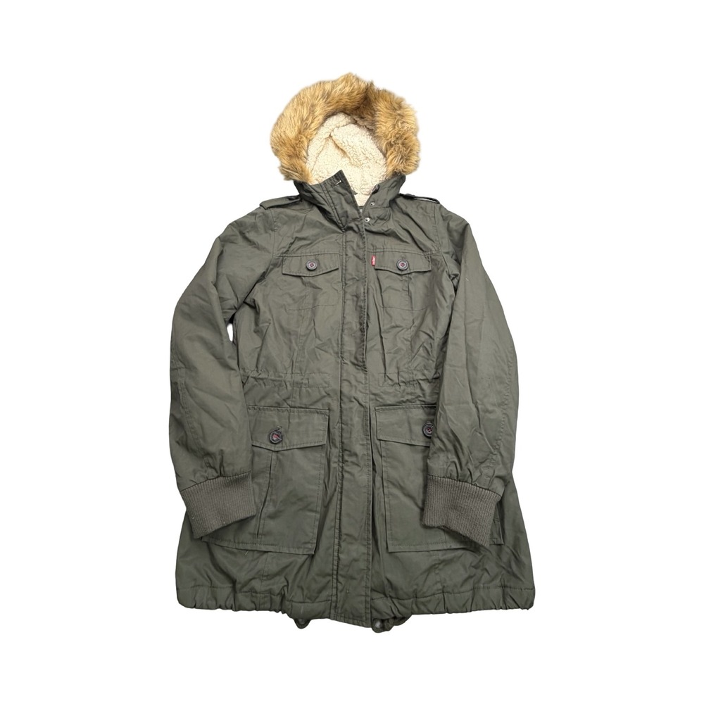 Levi's Parka Jacket Women Small Olive Green Sherpa Lined Faux Fur Hood Utility